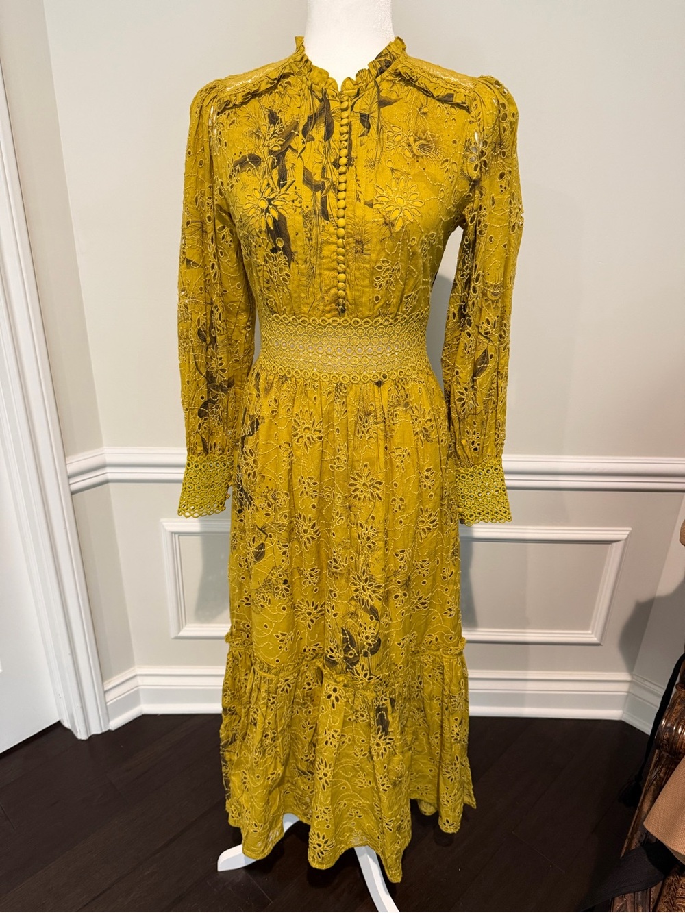 All Saints Mustard Floral Eyelet Maxi Dress